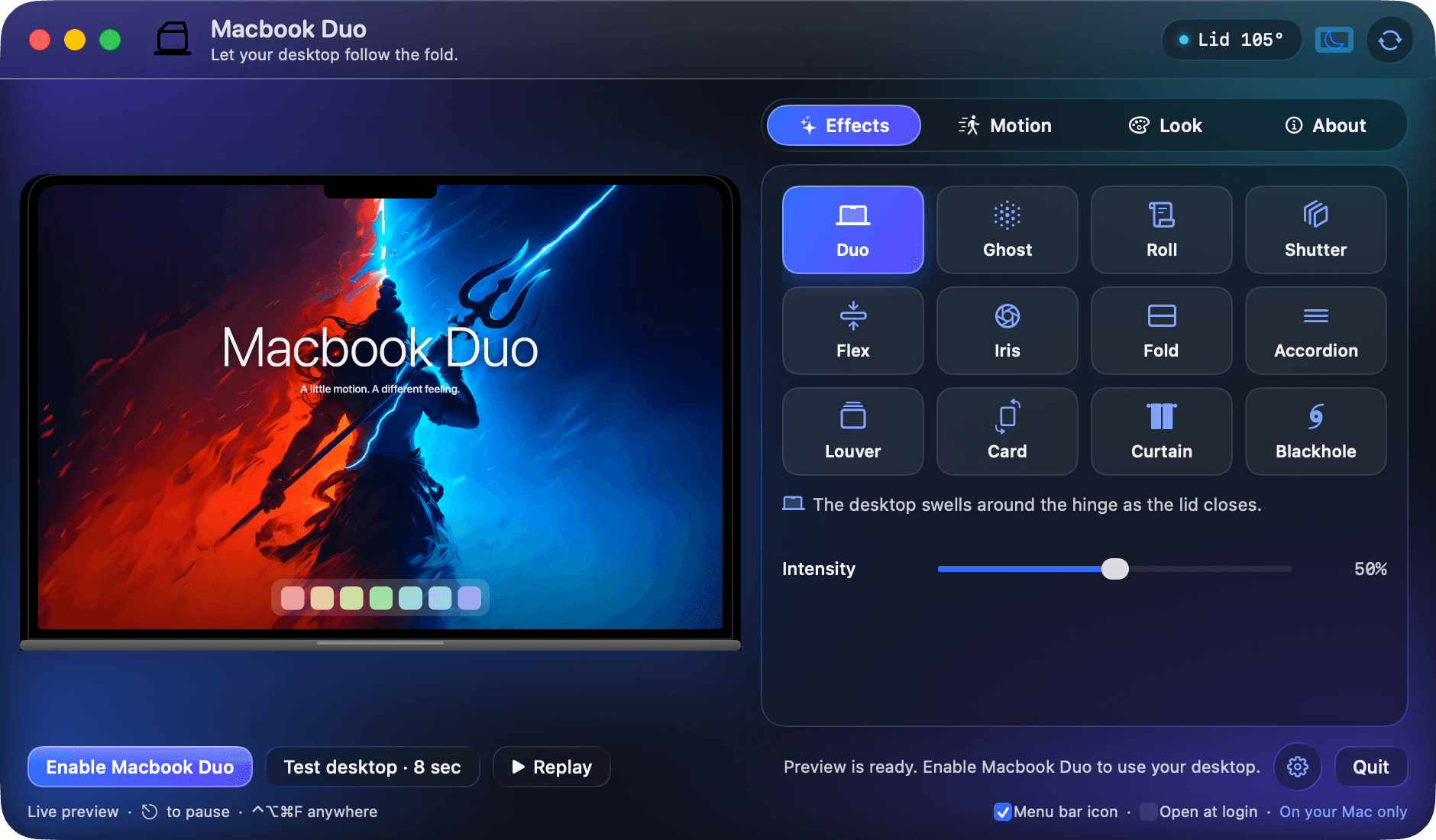 Foldbook settings window with a live MacBook preview and desktop motion effects